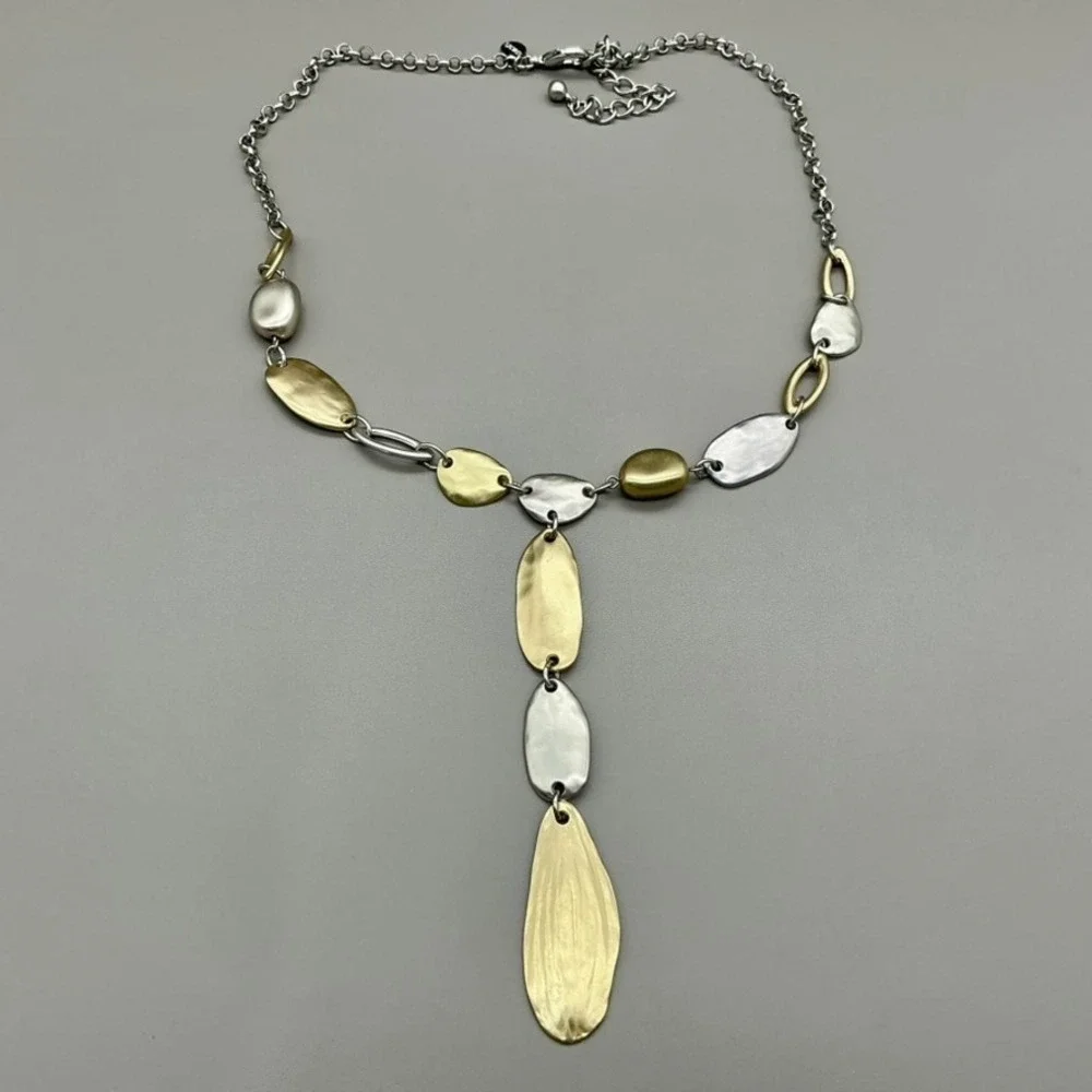 Chico's Necklace Womens Gold Tone Silver Tone Mixed Metal Y-Drop Hammered 24